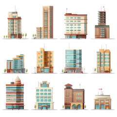 Set Of Buildings isolated on transparent background, png, cut out.