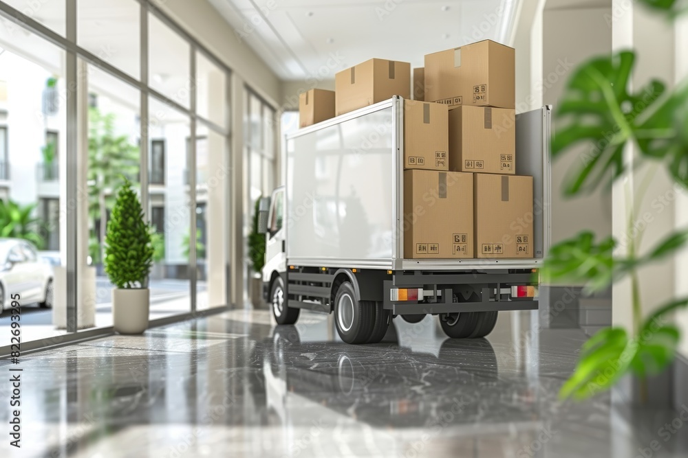 Poster neat and tidy moving scene with a house and boxes, highlighting efficient logistics and transport se
