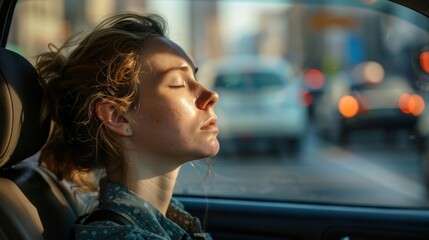 A woman sits in traffic using the time to practice deep breathing and observing her surroundings with a sense of curiosity rather than frustration.