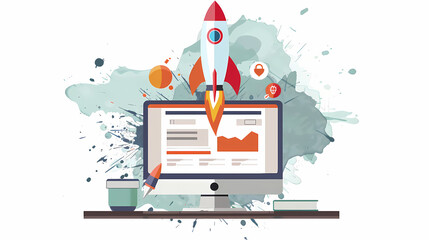 Vector Art: Computer on Desk with Website Rocket Launch - Grey Splash on White Background