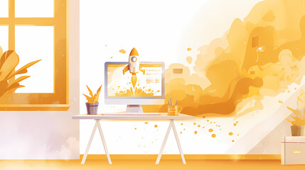 Vector Art: Computer on Desk with Website Rocket Launch - Gold Splash on White Background	