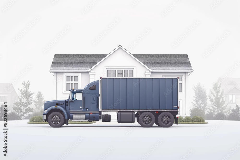 Poster neat and tidy moving scene with a house and boxes, highlighting efficient logistics and transport se