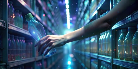 A close-up view of a woman's hand reaching for a plastic water bottle on a supermarket shelf ,