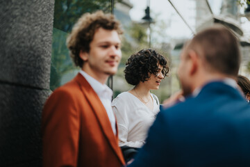 Group of young professionals in an outdoor business meeting discussing creative ideas, teamwork,...