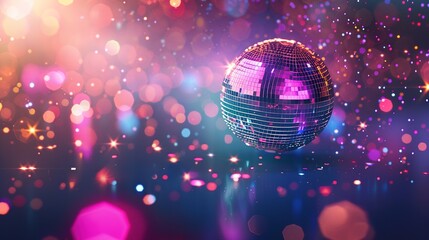Disco ball with rays on purple background with copy space. Dance party. mirror ball reflections,...