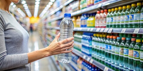 Water bottle in a woman's hand, taken from the supermarket shelf ,