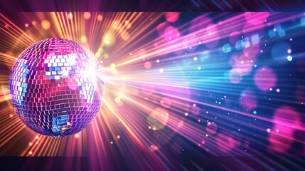 Disco ball with rays on purple background with copy space. Dance party. mirror ball reflections, night club stage lights and party. Glowing reflecting ball for entertainment, sparkling effect lighting - Powered by Adobe