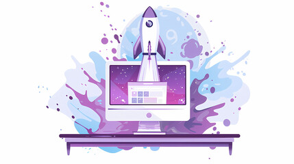 Vector Art Illustration of a Computer with a Rocket Shooting Out of It - Technology and Innovation Concept Purple