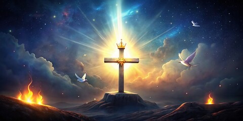 The cross represents the crucifixion of Jesus Christ, the crown represents his resurrection and triumph, and the dove represents the Holy Spirit,