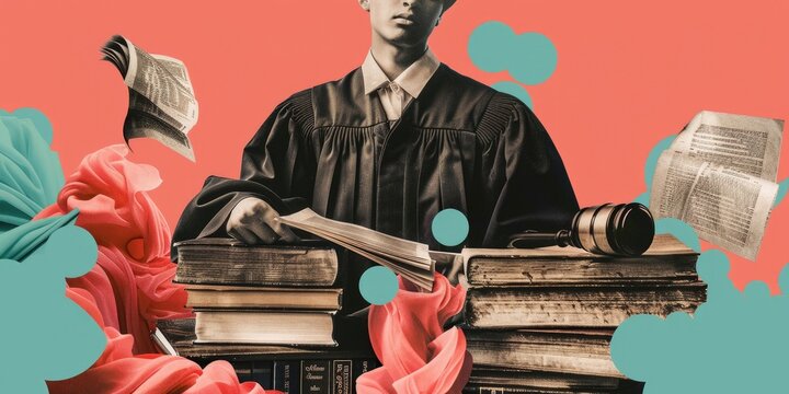 The photo shows a judge wearing a robe and holding a gavel. The background is pink, and there are flowers and leaves on either side of the judge. The image is likely meant to represent the justice