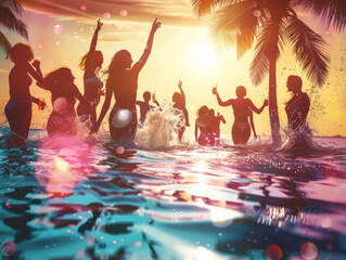 Party people singing, dancing and having fun on resort beach pool sunny disco, trendy fashionable, drink toast.