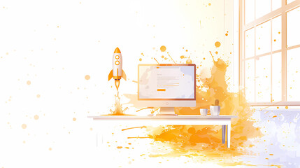 Vector Art Illustration of a Computer with a Rocket Shooting Out of It - Technology and Innovation Concept Yellow