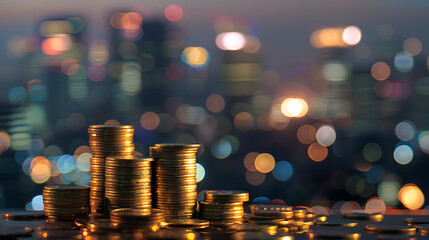 The foreground prominently showcases several stacks of coins. These coins appear to be of different sizes, suggesting various denominations or currencies
