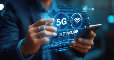 Businessman with 5G hologram on his hand and element of this image furnished, smart city and network connect concept