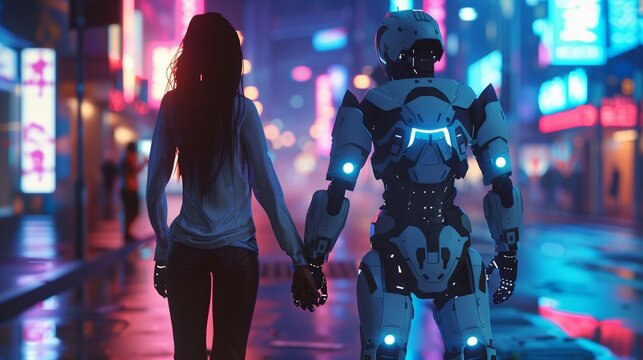 human and robot couple holding hands and walking by street, relationship of human and machine, artificial intelligence concept - Powered by Adobe