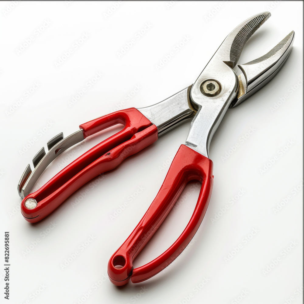 Poster close-up of red-handled multipurpose pliers against a white background, showcasing their design and 