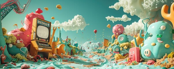 Naklejka premium A vibrant, surreal landscape filled with vintage arcade game characters. Whimsical terrain and floating elements in neon pinks, purples, and blues create a nostalgic tribute to classic video games.