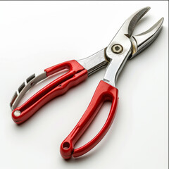Obraz premium Close-up of red-handled multipurpose pliers against a white background, showcasing their design and functionality for various tasks.