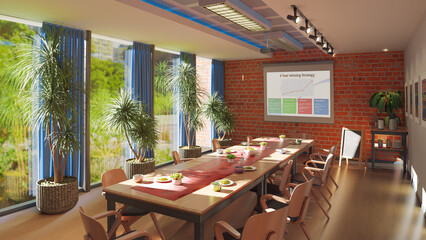 Small cozy business meeting room with table, chairs and sunny warm environment from window. 3d illustration. Lots of greenery and plants. Four year winning strategy projected on the canvas.