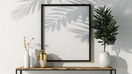 Stylish black poster frame with a round wooden shelf, creating a modern look on a white wall background.