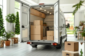 Modern logistics truck in a warehouse setting, highlighting efficient moving and transport services with a focus on organized packing and professional delivery.