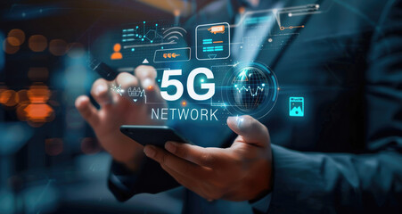 Businessman with 5G hologram on his hand and element of this image furnished, smart city and network connect concept
