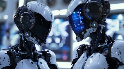 Fototapeta premium two robots hugging and looking in eyes, cyborg feeling and emotions, robotics dating and romance concept, artificial intelligence