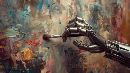 cute vintage robot painting picture in artistic studio, funny robotic cyborg artist drawing artwork on canvas, artificial intelligence concept