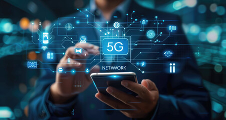 Fototapeta premium Businessman with 5G hologram on his hand and element of this image furnished, smart city and network connect concept