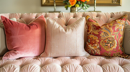 Flower pillows on sofa in living room