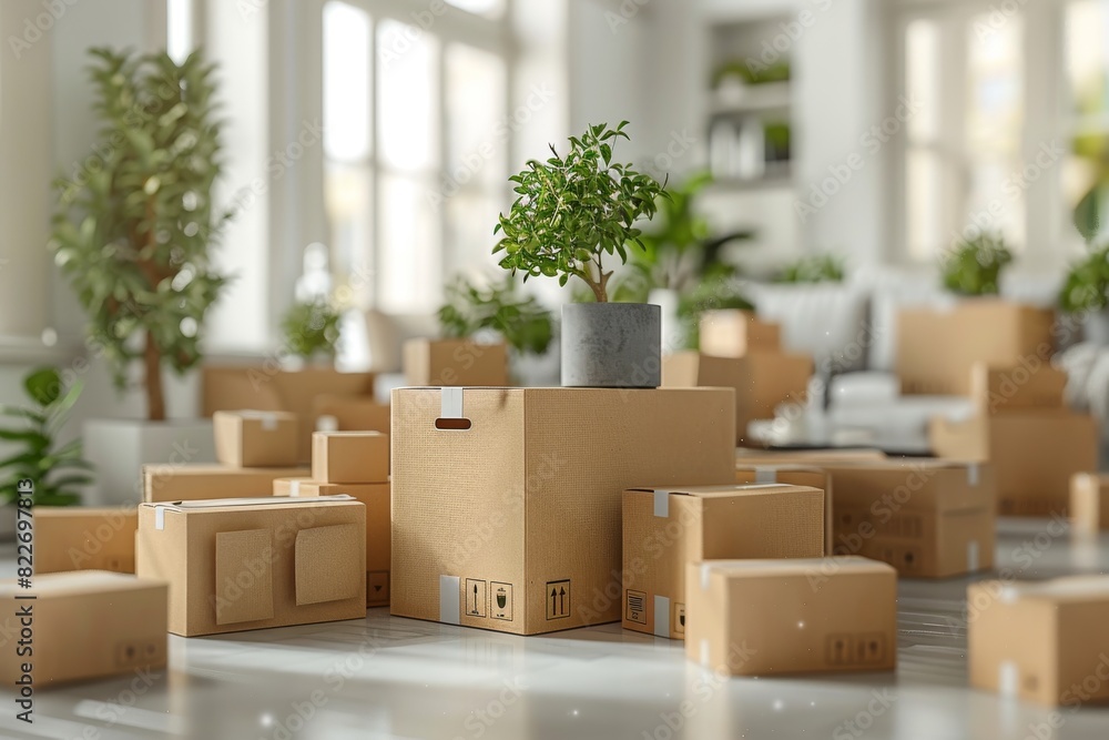 Poster neatly stacked boxes on a modern staircase, highlighting efficient logistics and moving services wit