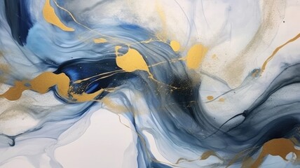 Abstract acrylic pour painting with blue and gold marbling effect and white negative space. Marble abstract art painted by blue, gold and white watercolor with smooth and mixed texture. AIG35.