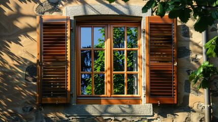 Europ??isches Fenster mit lichtdurchfluteten transparenten Gardinen und einem eleganten Holzrahmen.