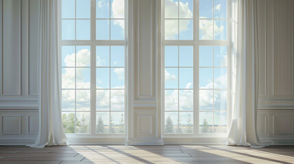 Fenster mit einem Mix aus klassischen und modernen Elementen, betont durch helle, luftige Vorh??nge.