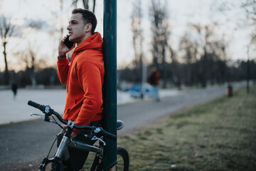 A young adult male leaning on a pole with his bike, looking relaxed and content in an urban park...