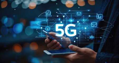 Businessman with 5G hologram on his hand and element of this image furnished, smart city and network connect concept