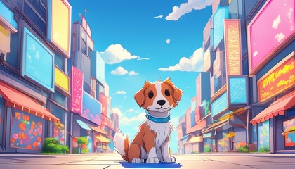 Cute Dogt on Street with Neon Signs and Colorful Billboards Background
