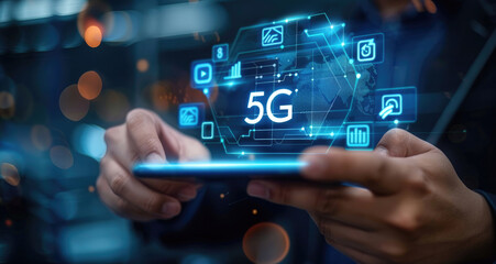 Businessman with 5G hologram on his hand and element of this image furnished, smart city and network connect concept