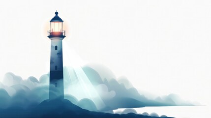 Lighthouse beacon in the fog guiding light through the misty travel journey on a chilly day