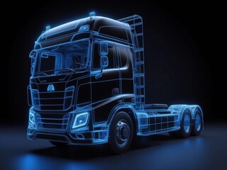 futuristic semi truck with glowing blue lines and a trailer,on a black background
