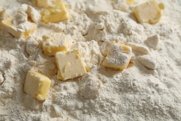 Making shortcrust pastry. Flour and butter, closeup
