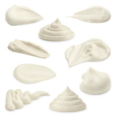 Sour cream or mayonnaise smears isolated on white, set. Delicious sauce