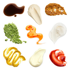Set of different sauces isolated on white, top view