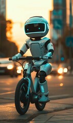 cute smart cyborg robot riding bicycle at city street, funny robot cycling, artificial intelligence of future concept