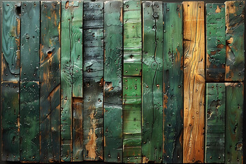Symmetrical Arrangement of Rough Wooden Planks in Green and Dark Tones