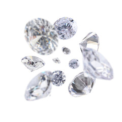 Beautiful shiny diamonds in air on white background