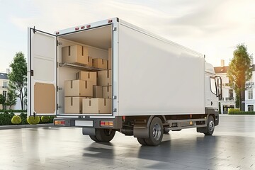 Nighttime logistics scene with a truck interior in a warehouse, highlighting efficient moving and transport services with organized packing and professional delivery.