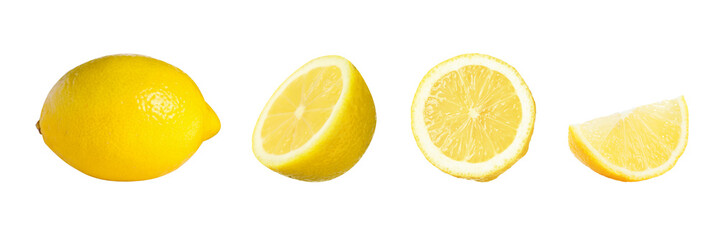 Fresh lemons isolated on white, set. Whole one, half and slices