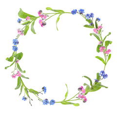 Wreath of beautiful wild flowers isolated on white