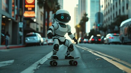 Obraz premium cute cyborg robot riding skate at street, funny mechanical robot skating with skateboard